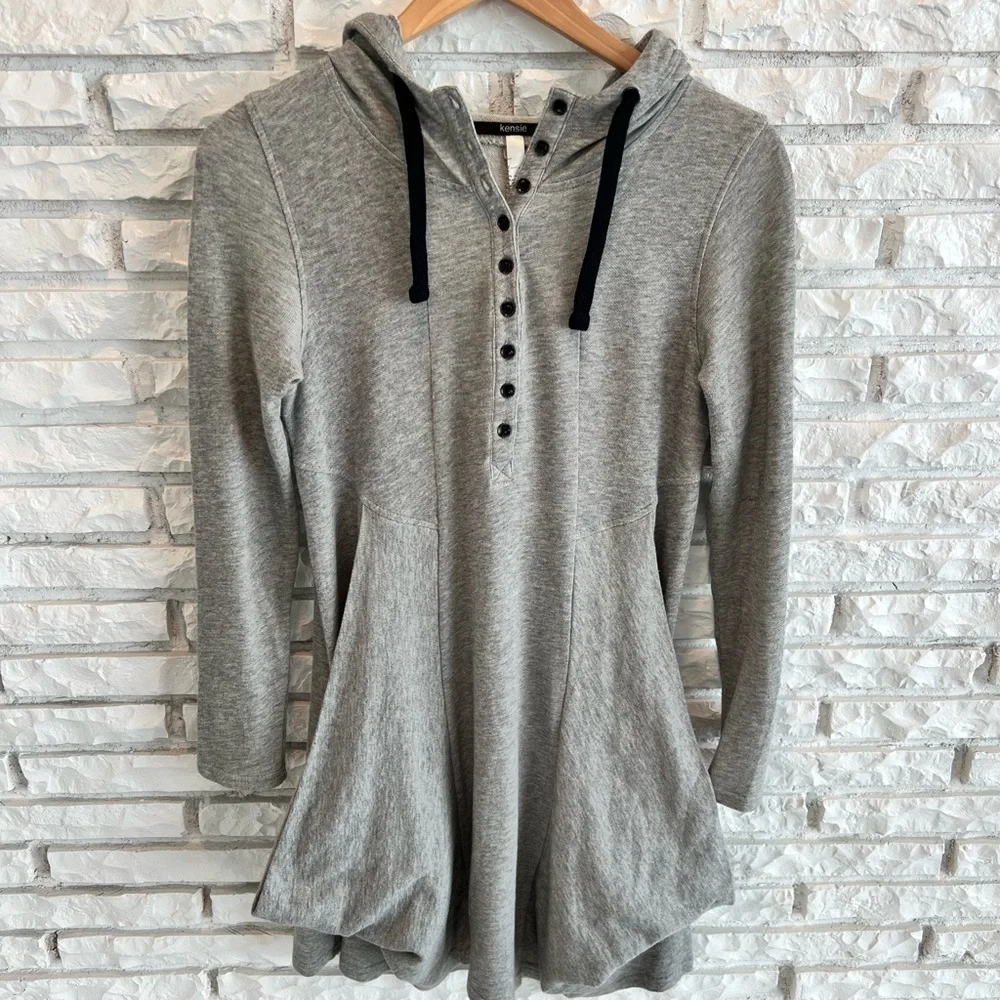 Kensie Quarter Button Jersey Dress Light Gray Drape Pockets Hood - Picture 2 of 8